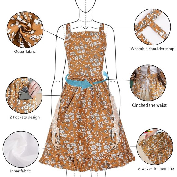 Vintage Pinafore Apron Dress for Women with Pockets Cute Floral Chef Aprons for - Picture 3 of 8